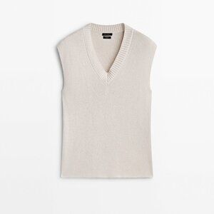 Massimo Dutti, White Wool V neck Vest - Size S